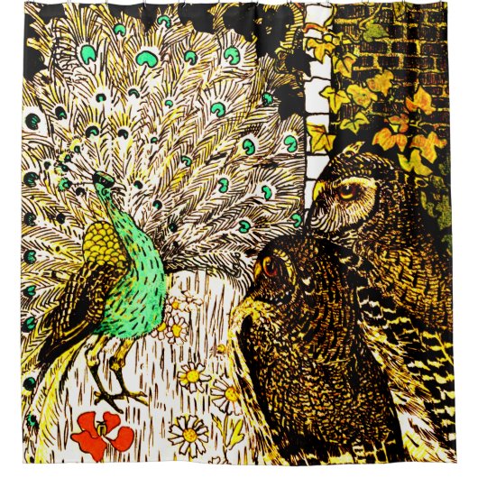 Dutch Art Nouveau Peacock and Owls Duschvorhang (Vorderseite)