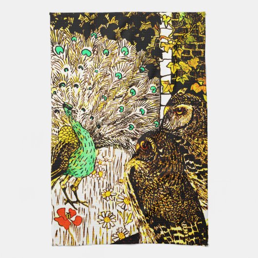 Dutch Art Nouveau Peacock and Owls Geschirrtuch (Vertikal)
