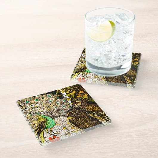 Dutch Art Nouveau Peacock and Owls Glasuntersetzer (Schrägansicht)