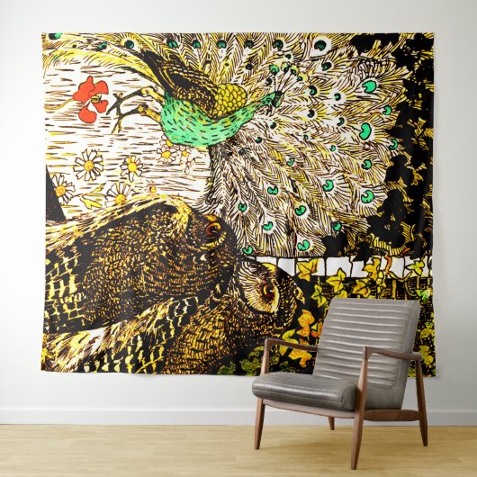 Dutch Art Nouveau Peacock and Owls Wandteppich (Beispiel (Horizontal))