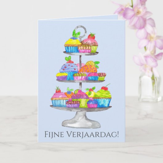 Dutch Birthday Watercolor cupcakes Card Karte (Orchidee)