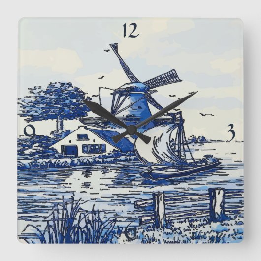 Dutch Blue Vintag Style Windmühle Quadratische Wanduhr (Vorderseite)