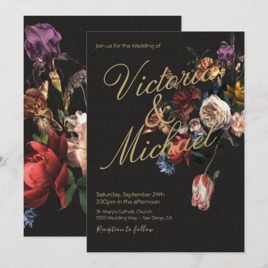 Dutch Master Floral Dark & Moody Wedding Einladung (Vorne/Hinten)