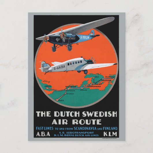 Dutch Swedish Air Route Vintage Poster 1930 Postkarte (Vorderseite)