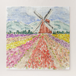 Dutch Tulip Fields Netherlands Watercolor Puzzle
