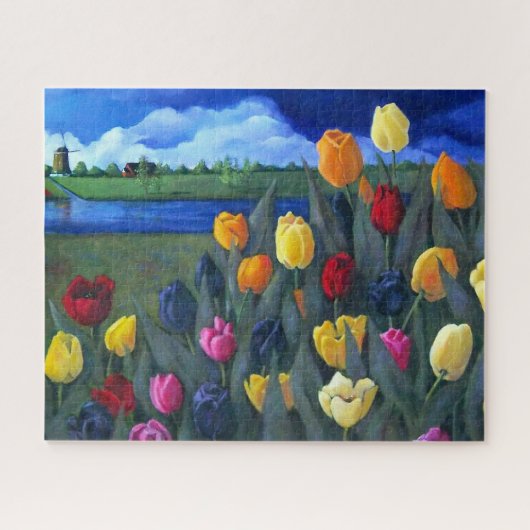 Dutch Tulips Painting and Windmill, Netherlands Puzzle (Horizontal)
