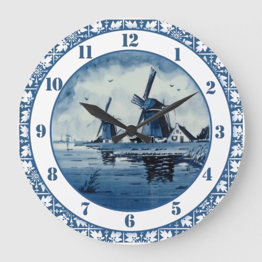 Dutch Windmill Delft Colors Blue and White Große Wanduhr (Vorderseite)