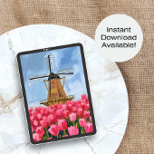 Dutch Windmill Tulip Flower Field Watercolor Art Poster