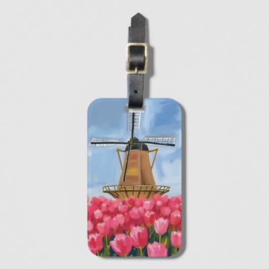 Dutch Windmill Tulip Flower Field Watercolor Gepäckanhänger (Vorderseite Vertikal)