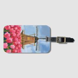 Dutch Windmill Tulip Flower Field Watercolor Gepäckanhänger