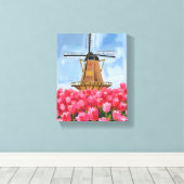 Dutch Windmill Tulip Flower Field Watercolor Leinwanddruck (Insitu (Holzboden))