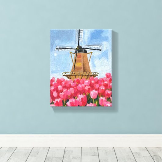 Dutch Windmill Tulip Flower Field Watercolor Leinwanddruck (Insitu (Holzboden))