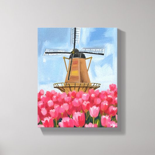 Dutch Windmill Tulip Flower Field Watercolor Leinwanddruck (Vorderseite)