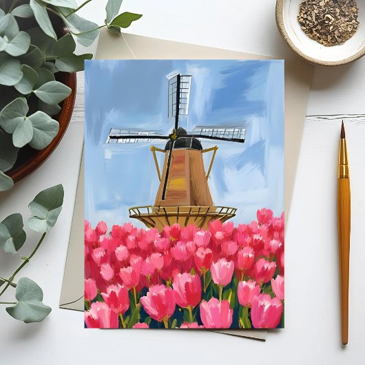 Dutch Windmill Tulip Flower Field Watercolor Postkarte