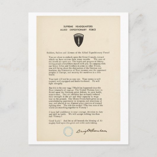 Dwight D. Eisenhower's Order of the Day (1944) Postkarte (Vorderseite)