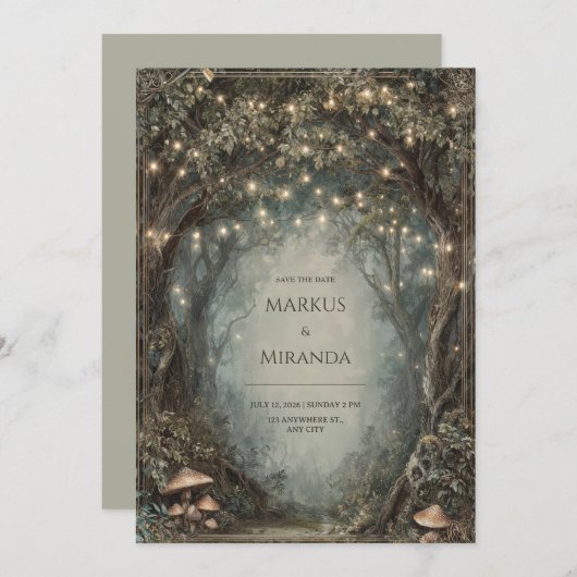 Dwilight Forest Canopy Lights und Mushroom Wedding Einladung (Vorne/Hinten)