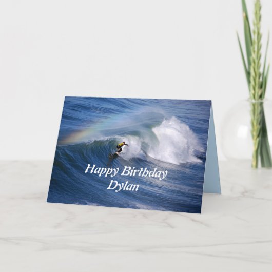 Dylan Happy Birthday Surfer mit Regenbogen Karte (Vorderseite)