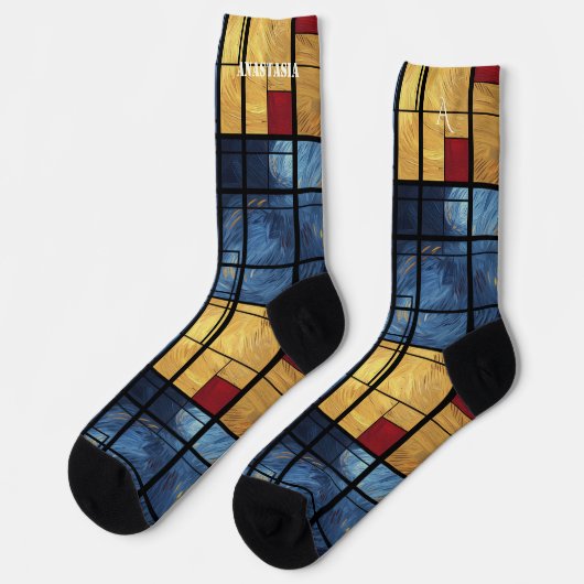 Dynamic Abstract Socks in Blue, Yellow, and Red Socken (Linkes Detail)