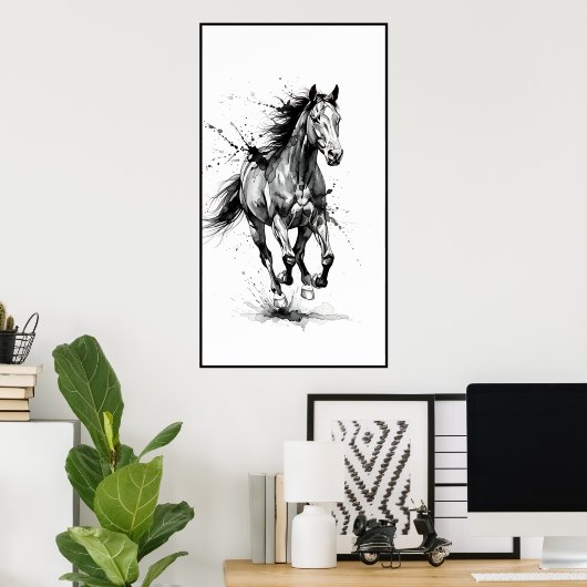 Dynamic Black and White Horse Poster (Heimbüro)