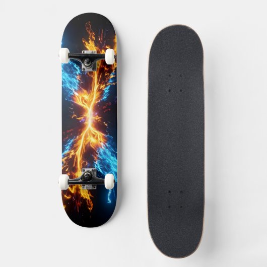 Dynamic Blue Orange Energy Clash Flame Skateboard (Vorderseite)
