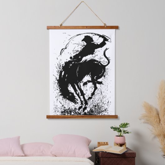 Dynamic Cowboy Rodeo Silhouette Art Wandteppich Mit Holzrahmen (Schlafzimmer)