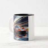 Dynamic Racing Car Illustration mit Splashing Mud Zweifarbige Tasse (Vorderseite Links)