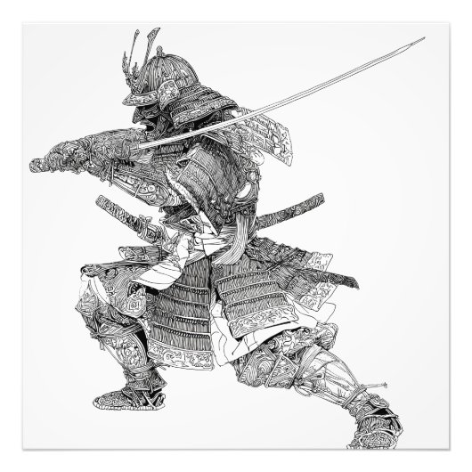 Dynamic Schwarz-weiß Samurai Warrior Zeichnend Fotodruck (Vorne)