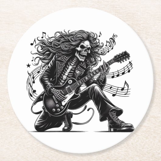 Dynamic Skeleton Rockstar Playing Electric Guitar Runder Pappuntersetzer (Vorderseite)