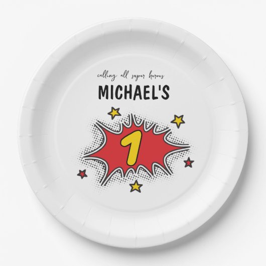 Dynamic Superhero 1. Geburtstag Pappteller (Vorderseite)
