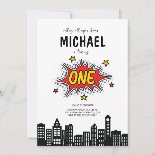 Dynamic Superhero Einladung zum 1. Geburtstag (Vorderseite)