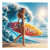 Dynamic Surfer Girl Walking Beach Waves Art Fotodruck (Vorne)