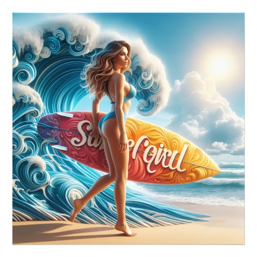 Dynamic Surfer Girl Walking Beach Waves Art Fotodruck (Vorne)