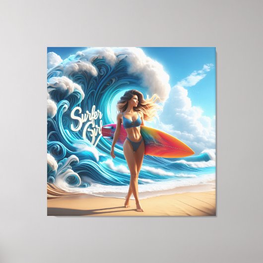 Dynamic Surfer Girl Walking Beach Waves Art Leinwanddruck (Vorderseite)