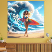 Dynamic Surfer Girl Walking Beach Waves Art Leinwanddruck (Insitu (Wohnzimmer))