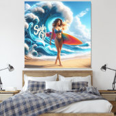 Dynamic Surfer Girl Walking Beach Waves Art Leinwanddruck (Insitu (Schlafzimmer))