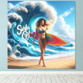 Dynamic Surfer Girl Walking Beach Waves Art Leinwanddruck (Insitu (Holzboden))