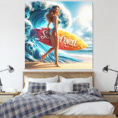 Dynamic Surfer Girl Walking Beach Waves Art Leinwanddruck (Insitu (Schlafzimmer))