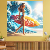 Dynamic Surfer Girl Walking Beach Waves Art Leinwanddruck (Insitu (Wohnzimmer))