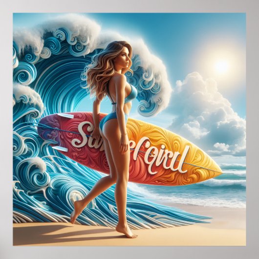 Dynamic Surfer Girl Walking Beach Waves Art Poster (Vorne)
