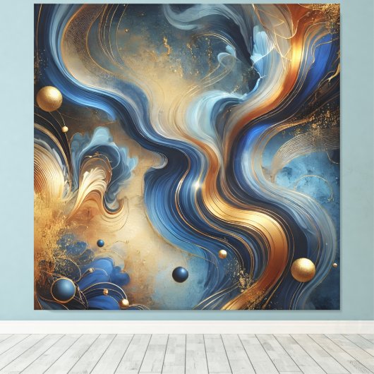 Dynamic Swirls of Blue and Gold Canvas Art Leinwanddruck (Insitu (Holzboden))