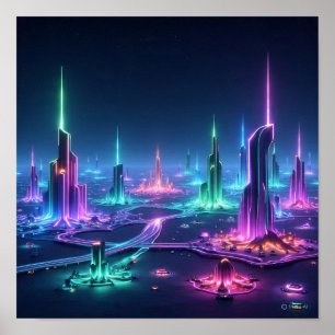 Dynamische Alien Stadt mit Lichtstrahlen Poster