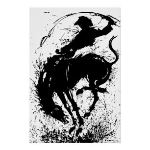 Dynamische Cowboy-Rodeo-Silhouetten-Kunst Poster