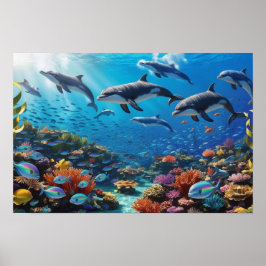 Dynamische Delfin-Gruppe und Fische - Lebendiges K Poster