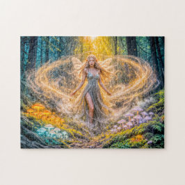 Dynamische Fantasy-Elfe im verzauberten Wald Pilz Puzzle