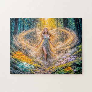 Dynamische Fantasy-Elfe im verzauberten Wald Pilz Puzzle