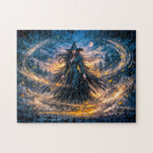 Dynamische Fantasy-Hexe mit magischer atmosphärisc