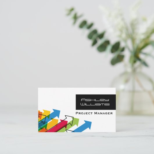 Dynamische farbige Pfeile Moderner Projektmanager Visitenkarte (Stehend Vorderseite)