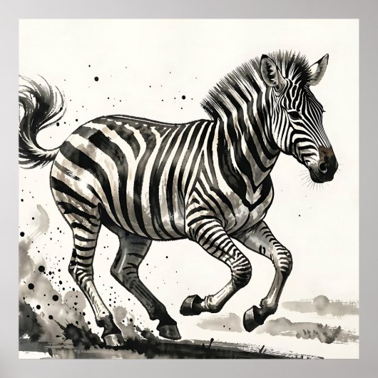 Dynamische laufende Zebra-Tinte-Kunst Poster (Vorne)
