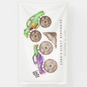 Dynamische Lila Grüne Monster Trucks Geburtstag Banner (Vertikal)