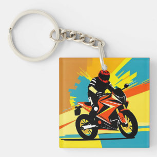 Dynamische Motorrad-Illustration mit Fahrer Schlüsselanhänger